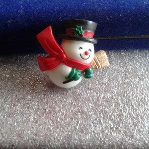 Hallmark 1984 Snowman with Red Scarf and Broom Molded Plastic Novelty Pin, Signed and Dated