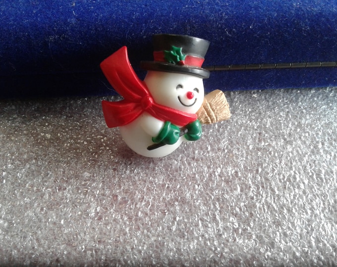 Hallmark 1984 Snowman with Red Scarf and Broom Molded Plastic Novelty Pin, Signed and Dated