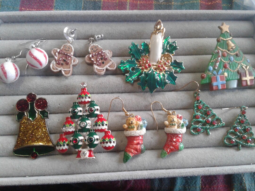 Christmas Novelty Earrings and Pins, Vintage, Your Choice, Bells, Stockings, Candles and More Etsy