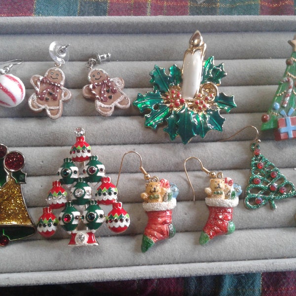 Christmas Novelty Earrings and Pins, Vintage, Your Choice, Bells, Stockings, Candles and More