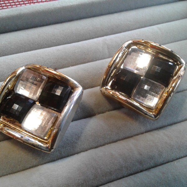 Goldtone Plastic and Acrylic Gem Checkerboard  Clip On Earrings