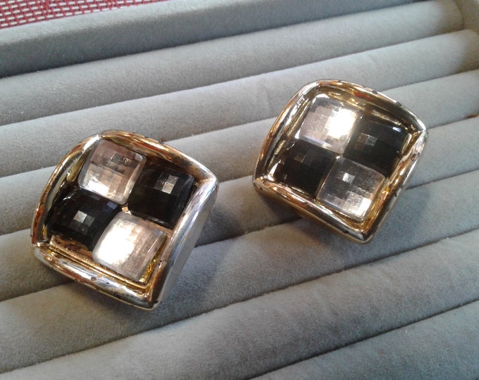 Goldtone Plastic and Acrylic Gem Checkerboard  Clip On Earrings