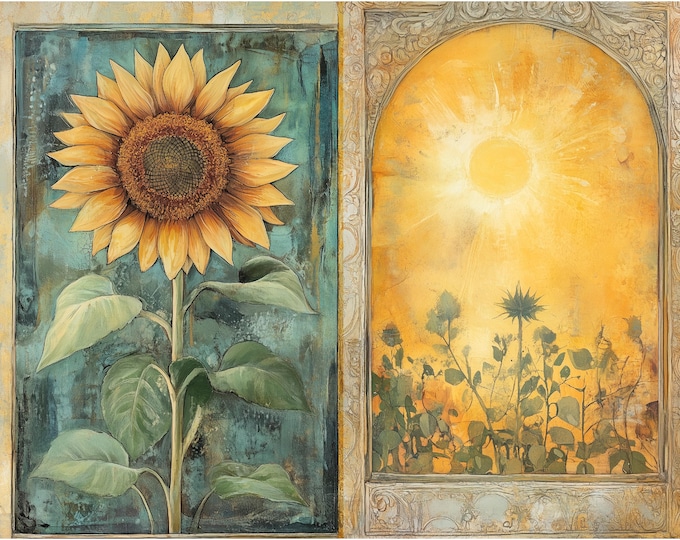 Sunflower Primitive Junk Journal Pages--10 Pages, 5 Sheets--11 x 8.5