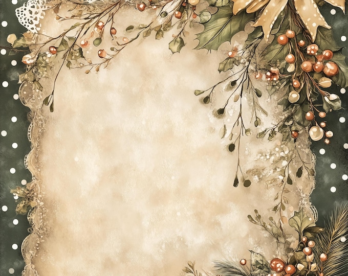 Country Christmas Green Polka Dots Winter Holiday Bordered Digital Papers/Backgrounds for Instant Download