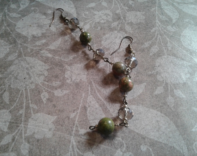 Bloodstone and Smoky Crystal Long Linear Dangle Earrings