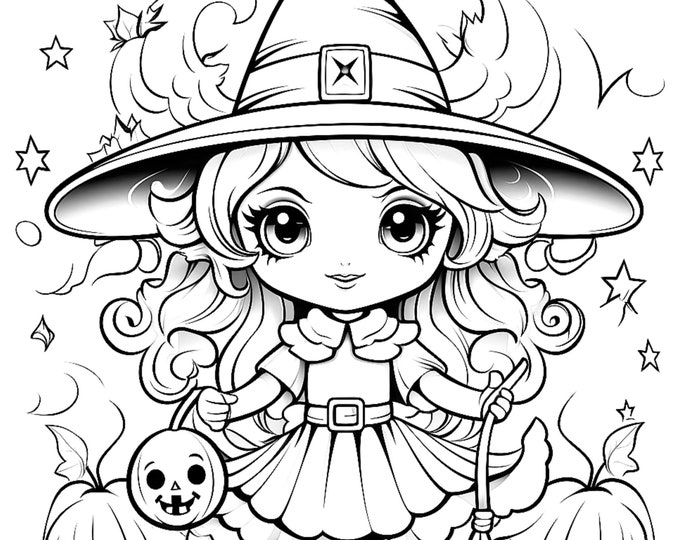 Five Cute Little Witches Coloring Sheets for Instant Download