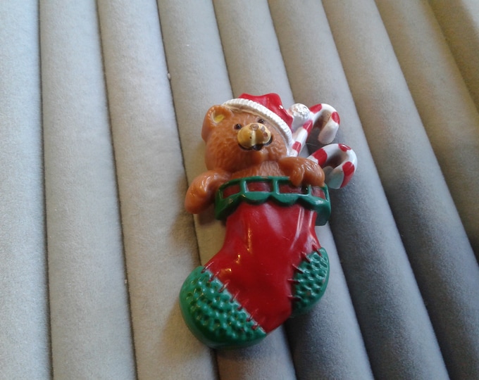 Hallmark 1985 Teddy Bear in Stocking with Candy Canes Pin, Signed and Dated