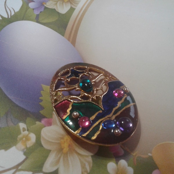 Goldtone, Enamel, and Glass Gem Multicolor Easter Egg Pin