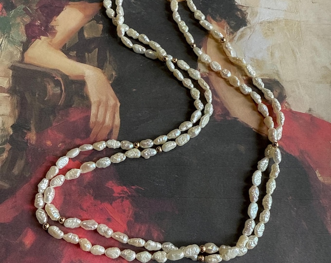 14K Yellow Gold and Freshwater Rice Pearl Double Strand Necklace, Marked