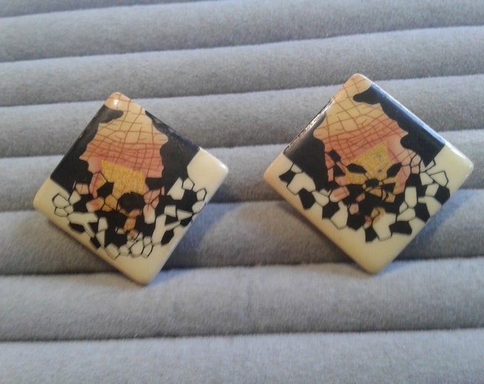 Geometric Ceramic Abstract Diagonal Square Clip Earrings