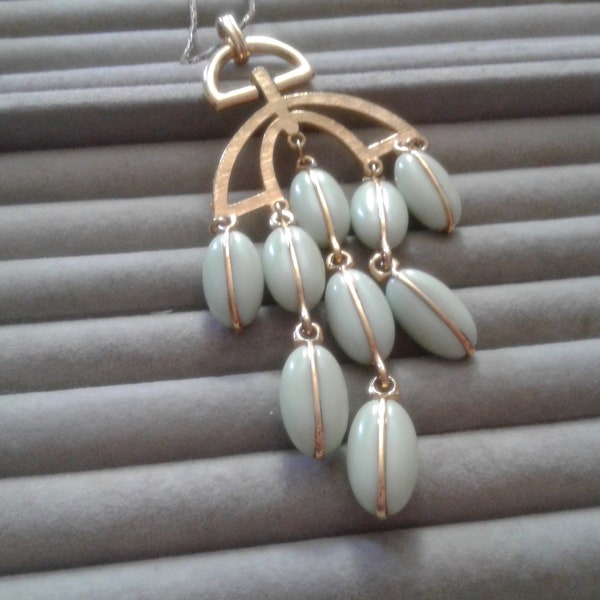 Park Lane Goldtone and Celadon Lucite Dangling Pendant Necklace on Chain, Signed Hang Tag