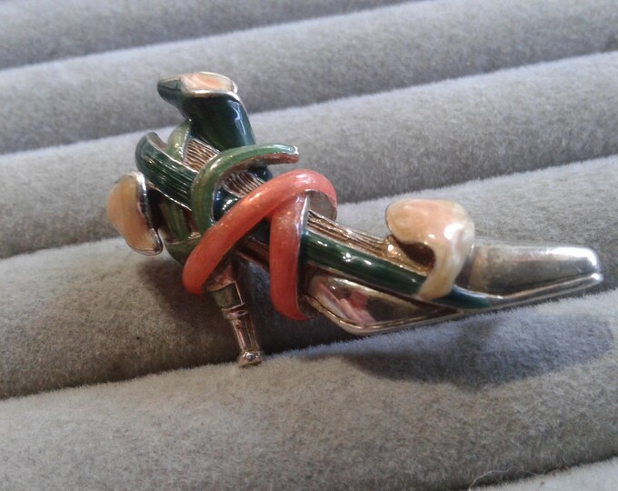 KJL China Pink and Green Enamel on Rhinestone Calla Lily Wrapped Shoe Brooch, Signed, Sterling Silver Version, 925