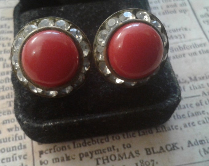 Red Plastic Rhinestone Bordered Clip or Screwback Button Earrings