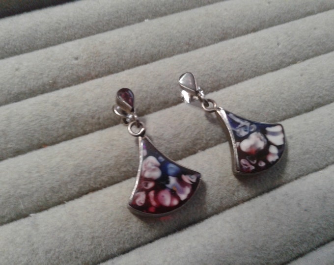 Sterling Silver and Marbleized Plique a Jour Acrylic Small Fan Shaped Drop Earrings