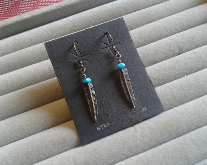Sterling Silver and Turquoise Feather Dangle Earrings on Original Stock Card, Marked 925