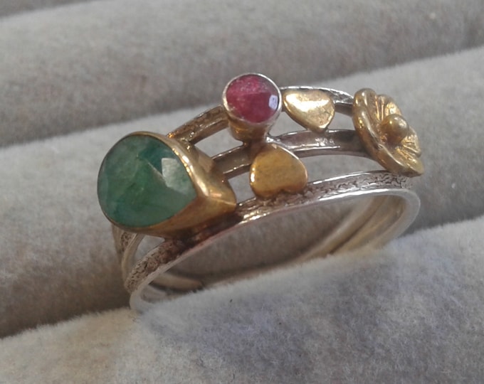 Sterling Silver Emerald and Ruby Floral and Geometric Multi Band Ring, Size 9