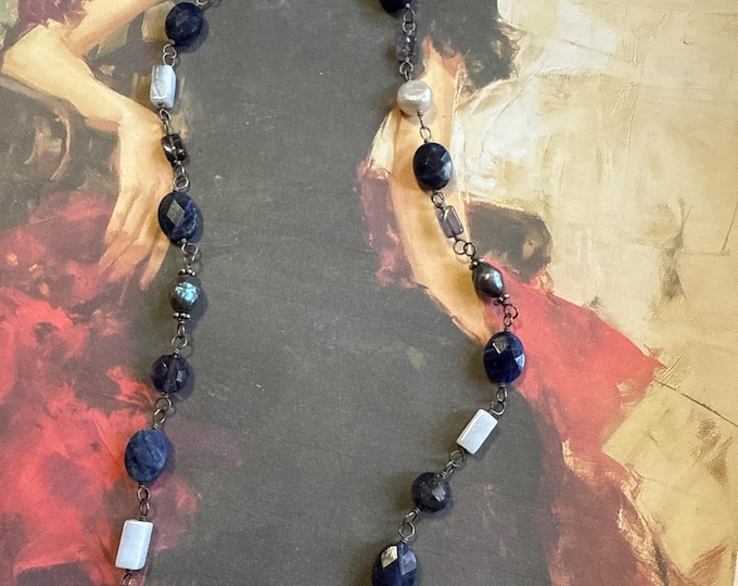 Sterling Silver, sodalite, amethyst, pearl and other stone hand tied beaded chain choker, 925