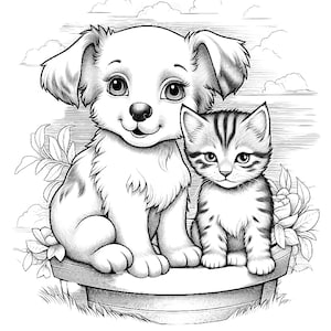 May include: A black and white illustration of a puppy and a kitten sitting together on a stone planter. The puppy is sitting on the left side of the planter and the kitten is sitting on the right side. Both animals are looking at the viewer.