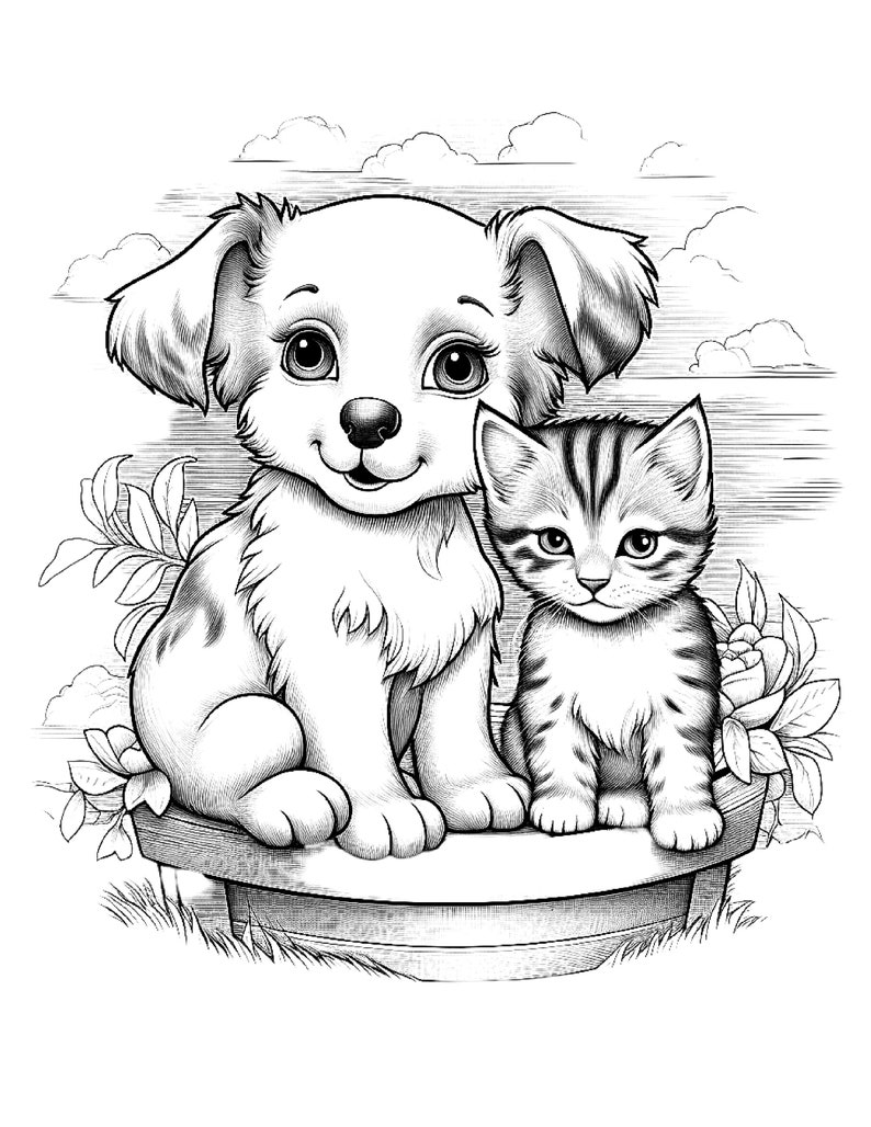 May include: A black and white illustration of a puppy and a kitten sitting together on a stone planter. The puppy is sitting on the left side of the planter and the kitten is sitting on the right side. Both animals are looking at the viewer.