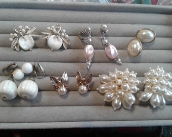 Faux Pearl and White Vintage Clip On Earrings, Your Choice