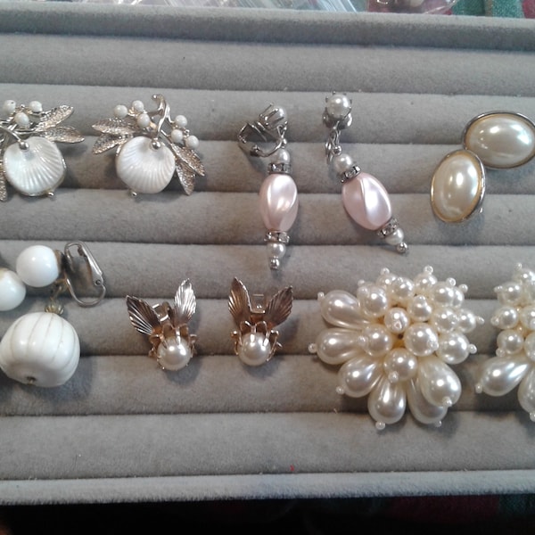 Faux Pearl and White Vintage Clip On Earrings, Your Choice