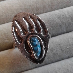 Silvertone and Faux Turquoise "Bear Paw"  Southwestern Adjustable Ring, Currently Size 7