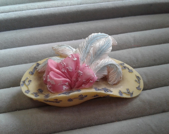 Artisan Flair Pin of a Very Fancy Edwardian Hat in Yellow with Pink, Paper Label Artisan Flair Made in China