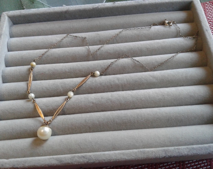 Glass Pearl and Unmarked Likely Goldfilled Drop Necklace