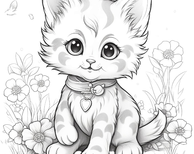 Five Cute Kittens Coloring Sheets for Instant Download