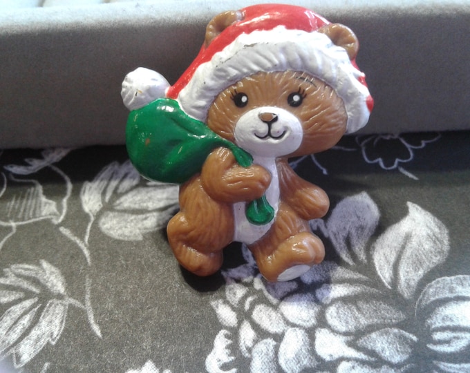 Russ Teddy Bear with Santa Hat and Green Sack Molded Plastic Christmas Pin, Signed