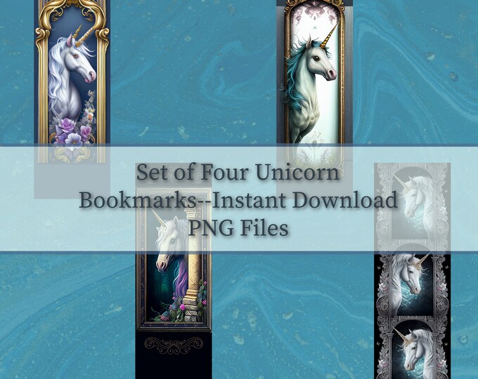 Set of Four Unicorn Bookmarks for Instant Download--PNG Files--Craftable