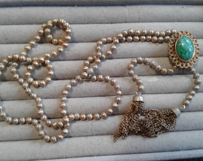 Avon 1973 "Ming Green" Ball Chain and Tassel Lariat Necklace with Green Slide