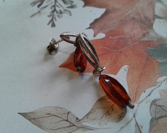Sterling Silver and Pressed Amber Small Drop Earrings, 925