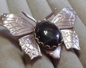 Silvertone and Black Plastic Butterfly Pin Brooch