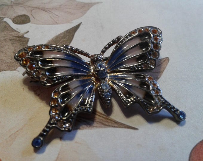 Monet Enamel Butterfly Brooch, Blue and Orange on Gunmetal Finish