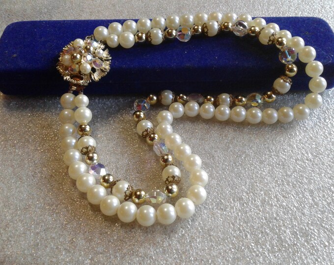 Midcentury Double Strand of Faux Pearl, Aurora Borealis Beads, and Goldtone with Elaborate Decorative Clasp