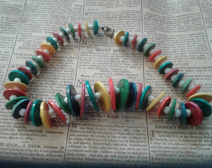 Festive Summer Tropical Necklace of Graduated Lacquered Wooden Disks and White Beads with Spring Ring Clasp