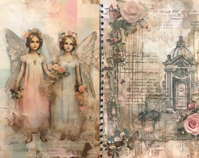 Angels and Others Collage Background/Junk Journal Pages to Print at Home, 10 Designs. 5 Sheets