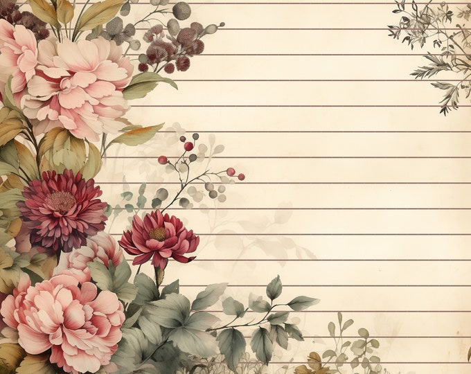 Antique Floral Lined and Unlined Writing Papers for Instant Download in Two Designs