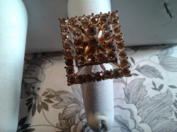 Dramatic Rectangular Champagne Rhinestone Goldton… - image 2