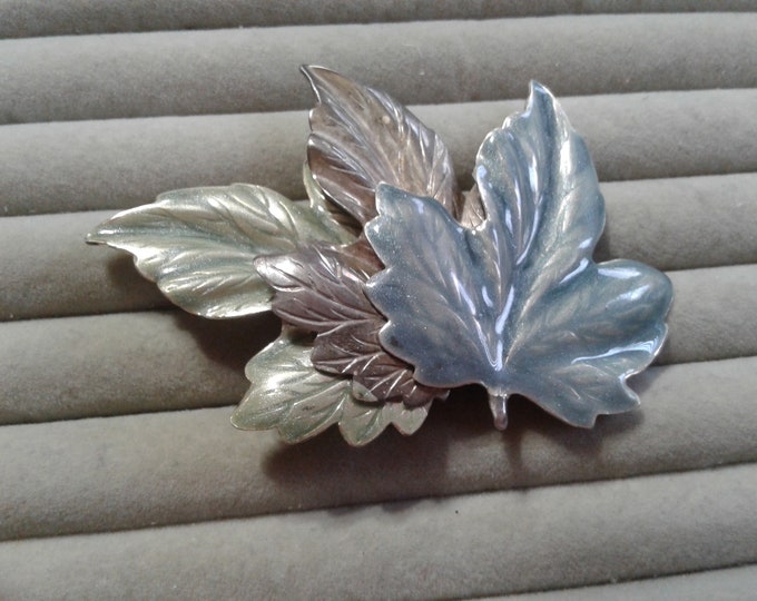 Blue and Green Enamelled on Silvertone Autumn Leaf Brooch