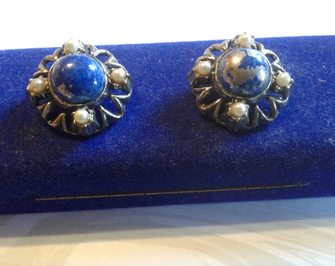 Faux Pearl, Faux Lapis, and Silvertone Open Filigree Clip On Earrings