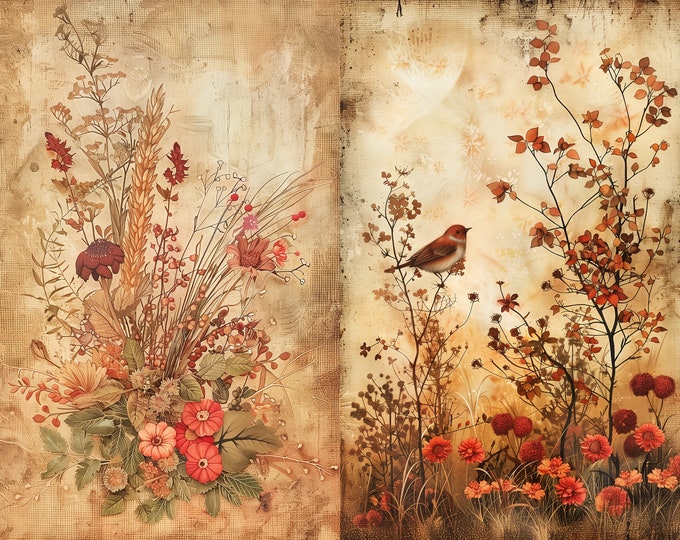 End of Summer Junk Journal Pages to Print at Home, 10 Designs. 5 Sheets