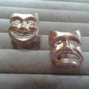 Sterling Silver Midcentury Modern Comedy Tragedy Masks Screw Back Earrings, Marked Sterling