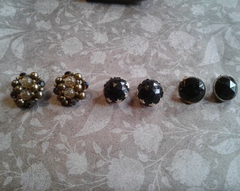 Vintage Midcentury Cluster and Faceted Button Black and Goldtone Earrings, Your Choice