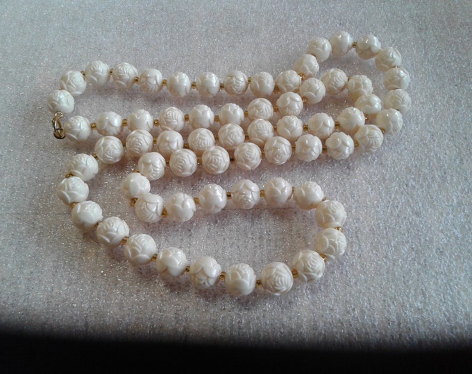 Ivory Plastic Rose Bead Necklace with Goldtone Glass Spacers and Large Spring Ring Clasp