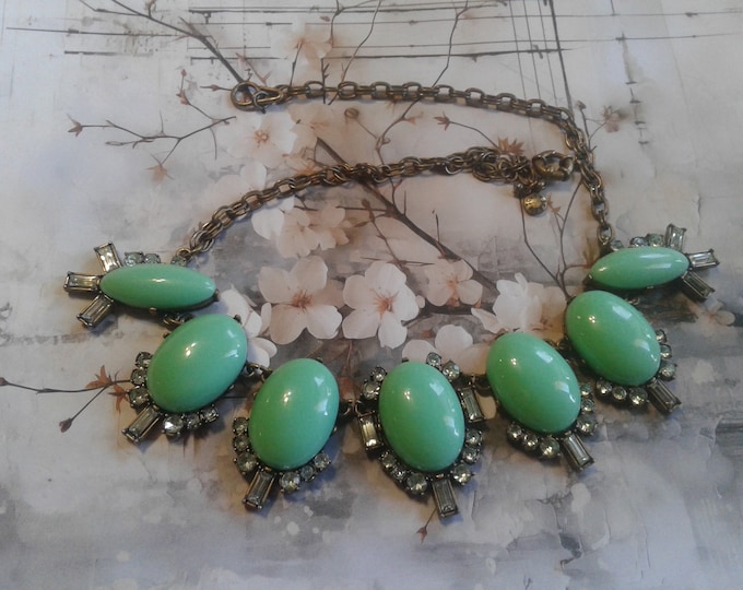 J. Crew Dramatic Green and Bronzetone Bib Necklace, Signed