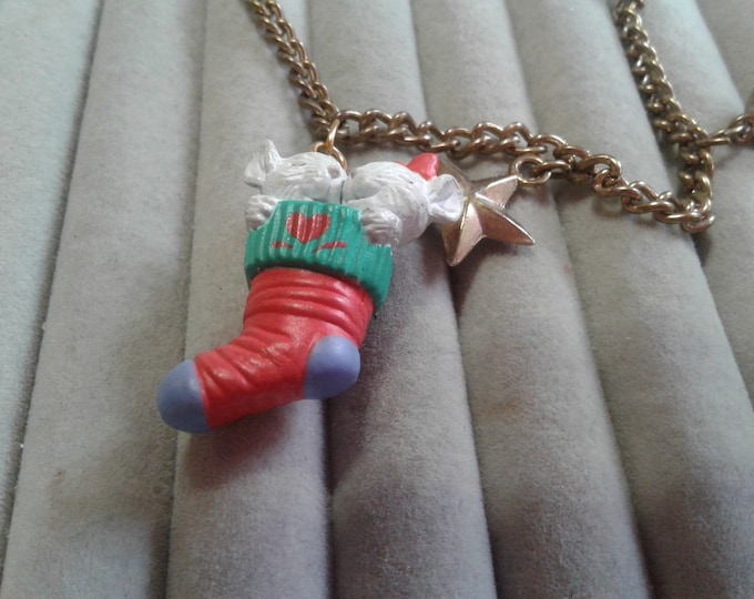 Charm Bracelet with Large Plastic Charm of Two Mice Sleeping in a Christmas Stocking, with Bells and Stars