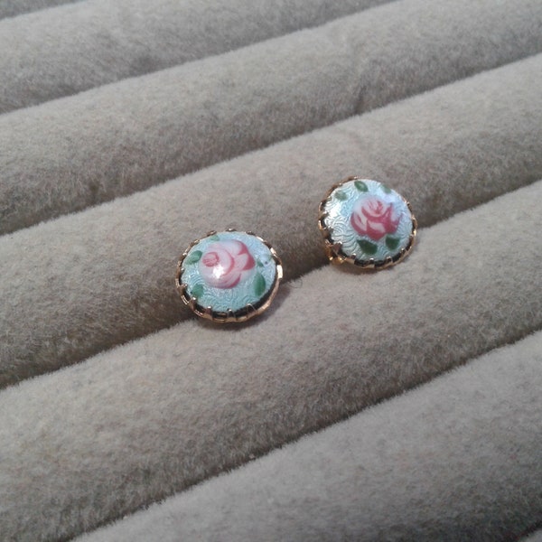 Rose Painted Blue Guillloche Enamel Goldtone Stud Earrings