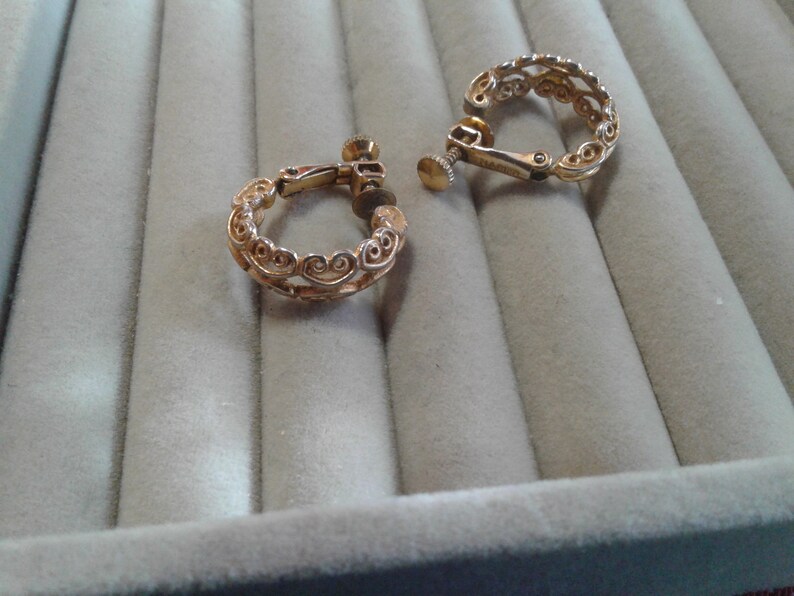 Signed Napier Goldtone Filigree Hoop Clip On Earrings